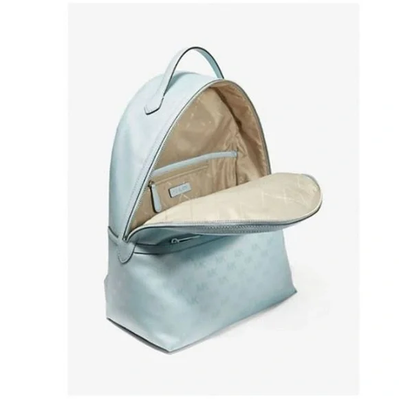 Michael Kors Sheila Large Woven Logo Nylon backpack Sky Blue Jacquard Laptop Bag - Picture 2 of 15